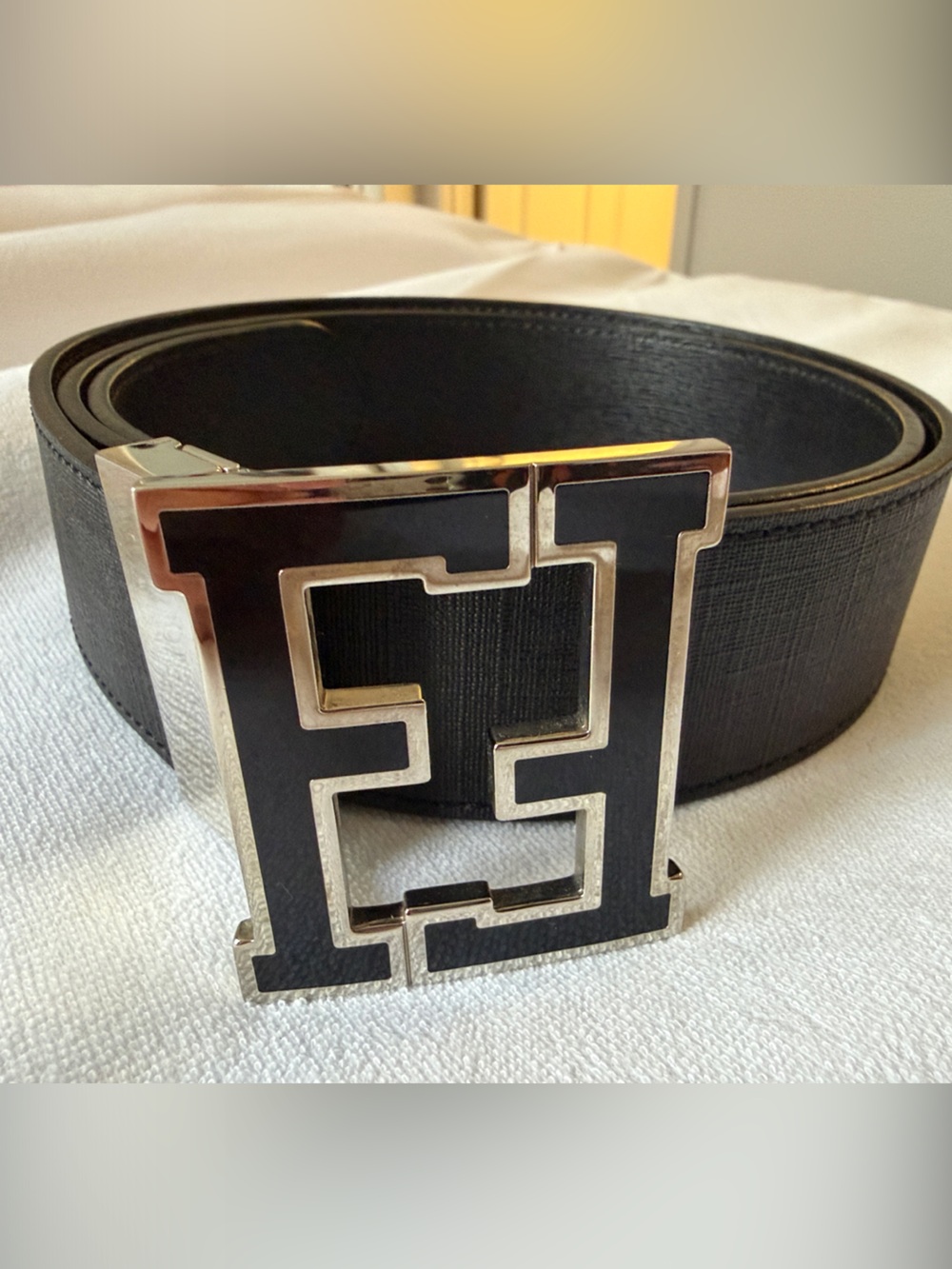 Fendi Black Leather Belt with Silver F-Logo Buckle